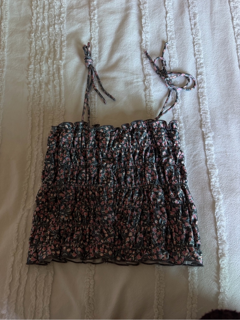 Urban Outfitters Pink Floral Smocked Tie-Strap Crop Top